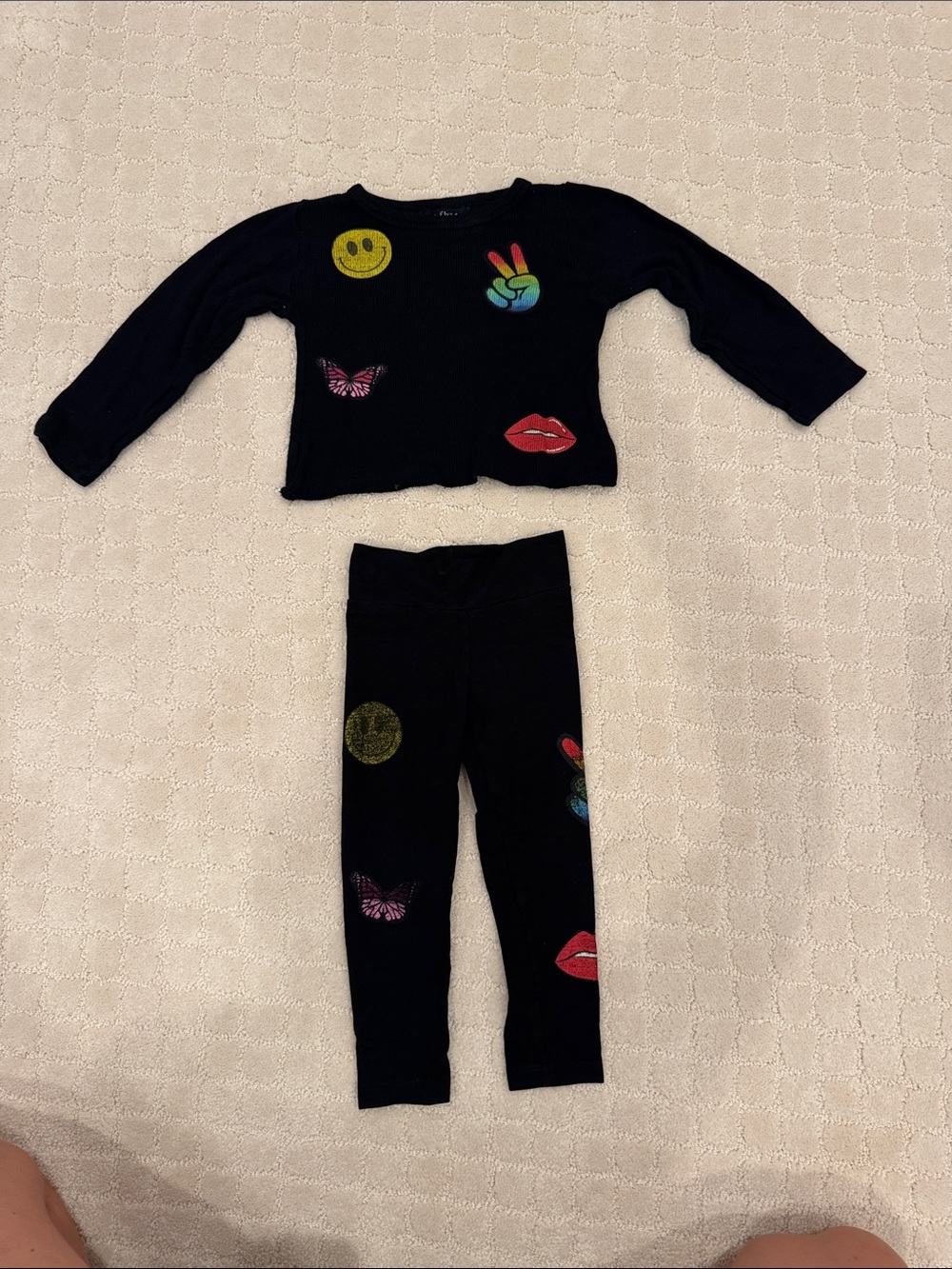 Kids Black Matching Set with Colorful Patch Motifs